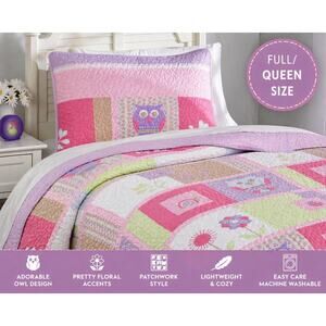 Happy Owls Quilt Set Full Queen Pink Purple Floral Cottage Bedding